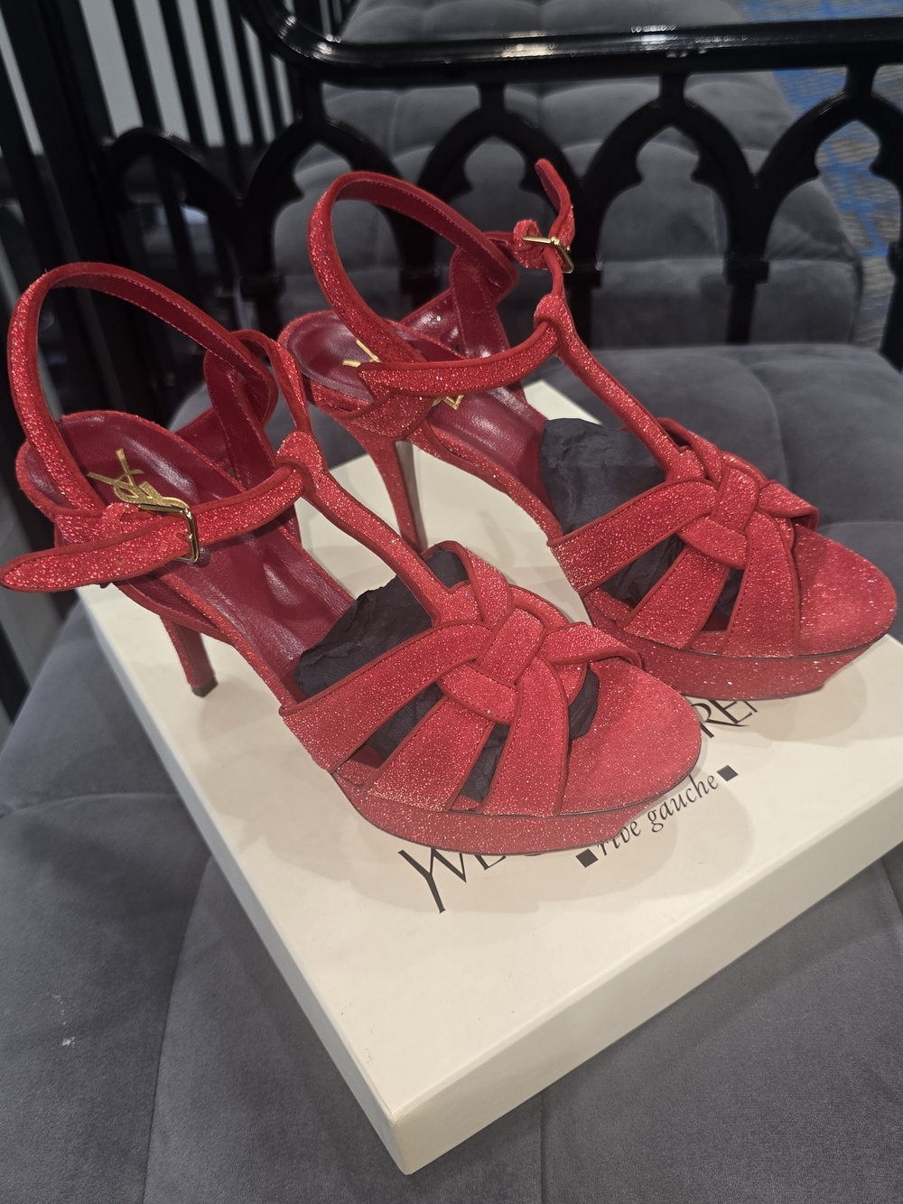 Red Glitter Knotted T-Strap High Heel Sandals - Saint Laurent